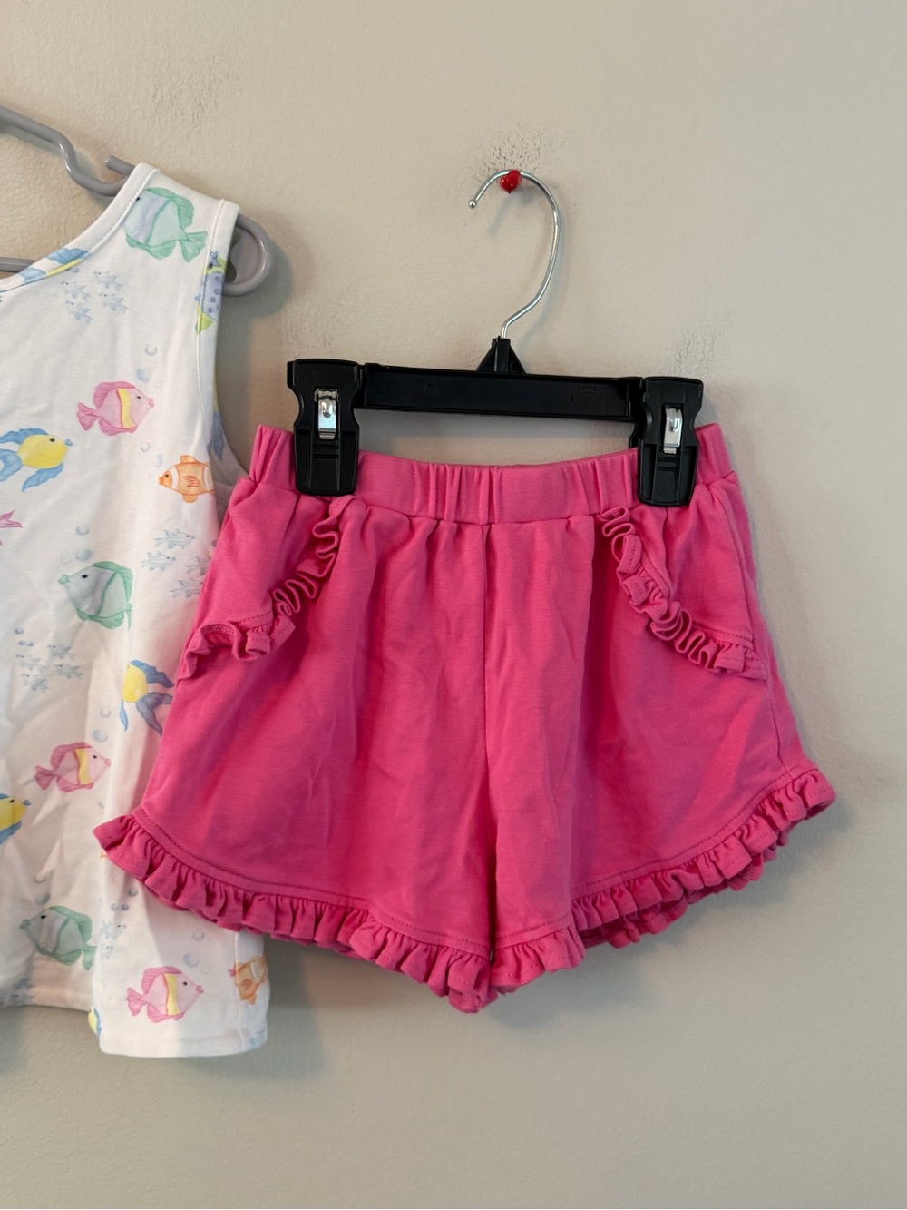 James & Lottie White Fish Print Tank Top & Hot Pink Ruffle Shorts Set - Picture 3 of 4